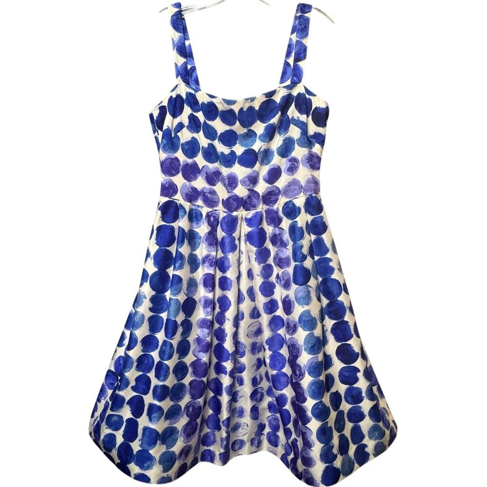 Kay Unger 100% Silk Fit & Flare Square Neck Strappy Dress Blue White Dot Women 8
